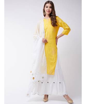 Yellow Printed Cotton A-Line Kurti Set 5