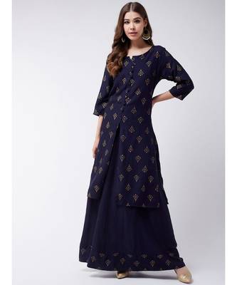 Blue Printed Cotton A-Line Kurti Set 1