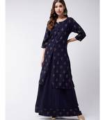Blue Printed Cotton A-Line Kurti Set