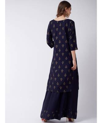 Blue Printed Cotton A-Line Kurti Set 2