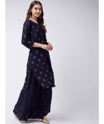 Blue Printed Cotton A-Line Kurti Set 3