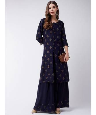 Blue Printed Cotton A-Line Kurti Set 4