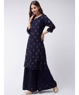 Blue Printed Cotton A-Line Kurti Set 5