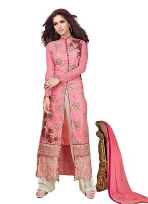 Pink Embroidered Georgette semi stitched sawlar with dupatta 1