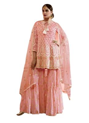 Pink Embroidered Net semi stitched sawlar with dupatta 1
