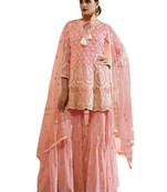 Pink Embroidered Net semi stitched sawlar with dupatta