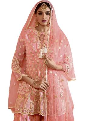 Pink Embroidered Net semi stitched sawlar with dupatta 2