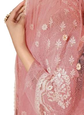Pink Embroidered Net semi stitched sawlar with dupatta 3