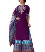 Purple Embroidered cotton semi stitched sawlar with dupatta