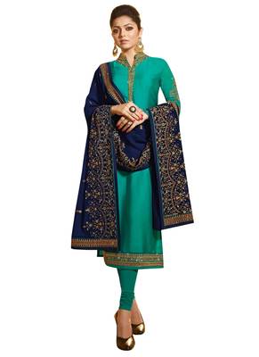 Turquoise Embroidered Georgette semi stitched sawlar with dupatta 1