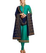 Turquoise Embroidered Georgette semi stitched sawlar with dupatta