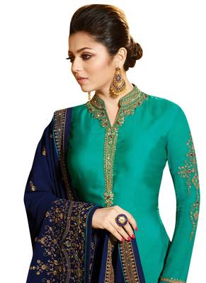 Turquoise Embroidered Georgette semi stitched sawlar with dupatta 3