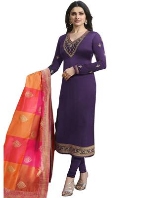 Violet Embroidered Satin semi stitched sawlar with dupatta 1