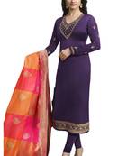 Violet Embroidered Satin semi stitched sawlar with dupatta