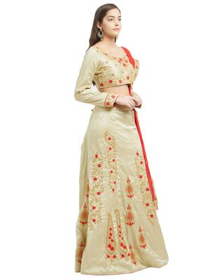 Beige embroidered silk semi stitched lehenga 3