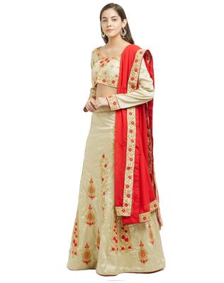 Beige embroidered silk semi stitched lehenga 4