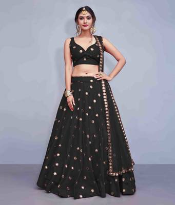 Black embroidered art silk semi stitched lehenga 1
