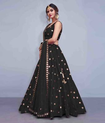 Black embroidered art silk semi stitched lehenga 3