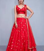 Red embroidered art silk semi stitched lehenga