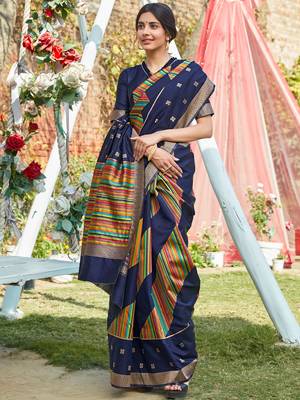 Navy blue woven pochampally saree with blouse 1