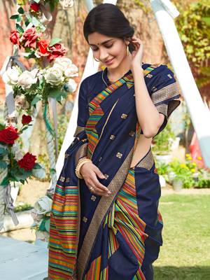 Navy blue woven pochampally saree with blouse 2