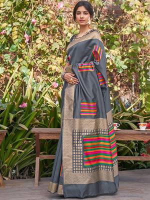 Grey woven pochampally saree with blouse 1