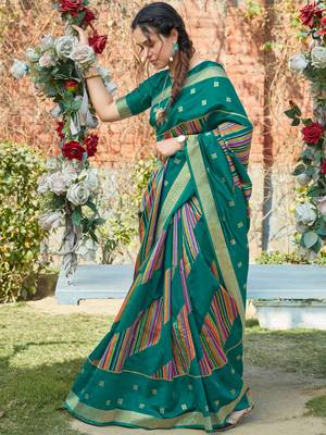 Turquoise woven pochampally saree with blouse 1