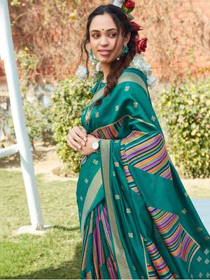 Turquoise woven pochampally saree with blouse 2