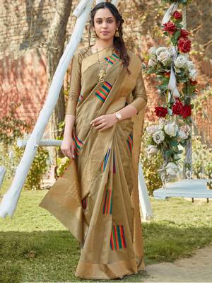 Beige woven pochampally saree with blouse 1