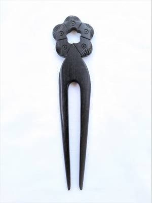 Hand carved Flower Design Ebony Wood Black hair fork 1