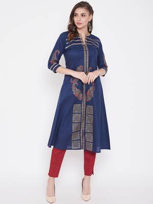 Dark blue printed cotton kurtas-and-kurtis 1