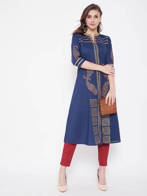 Dark blue printed cotton kurtas-and-kurtis 2