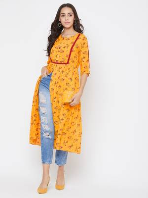 Yellow printed rayon kurtas-and-kurtis 1