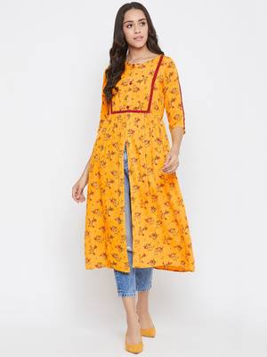 Yellow printed rayon kurtas-and-kurtis 2