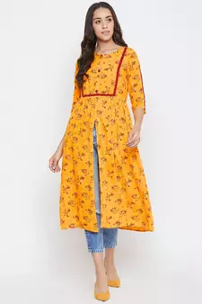 Yellow printed rayon kurtas-and-kurtis