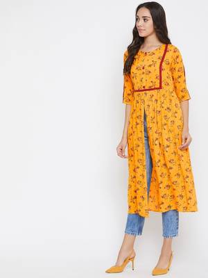 Yellow printed rayon kurtas-and-kurtis 3