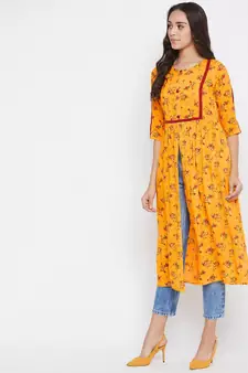 Yellow printed rayon kurtas-and-kurtis