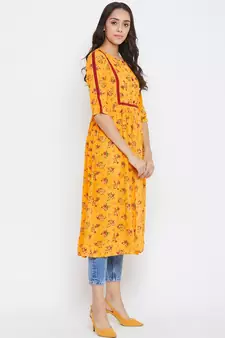 Yellow printed rayon kurtas-and-kurtis