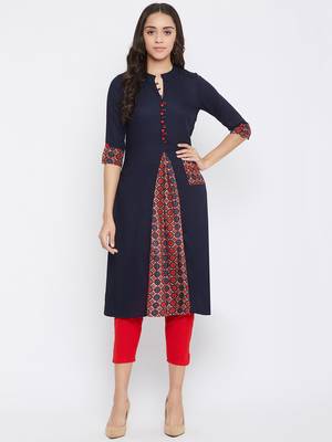 Dark blue solid rayon kurtas-and-kurtis 1