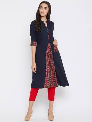 Dark blue solid rayon kurtas-and-kurtis 3