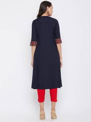 Dark blue solid rayon kurtas-and-kurtis 5