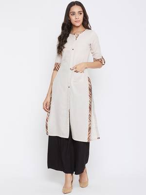 Beige self design cotton kurtas-and-kurtis 3
