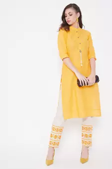 Yellow embroidered cotton kurtas-and-kurtis
