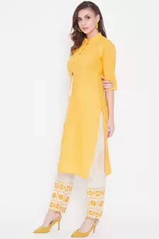 Yellow embroidered cotton kurtas-and-kurtis
