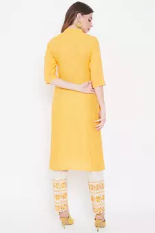 Yellow embroidered cotton kurtas-and-kurtis