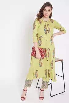 Light yellow printed cotton kurtas-and-kurtis