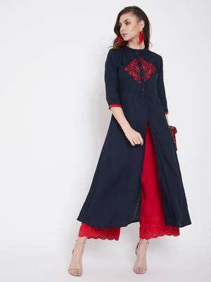 Navy blue embroidered rayon kurtas-and-kurtis 1
