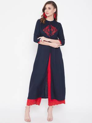 Navy blue embroidered rayon kurtas-and-kurtis 2
