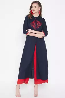 Navy blue embroidered rayon kurtas-and-kurtis