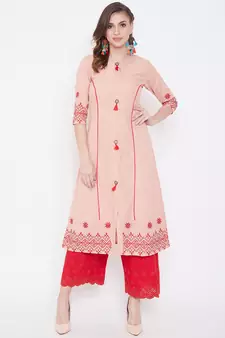Peach embroidered cotton kurtas-and-kurtis